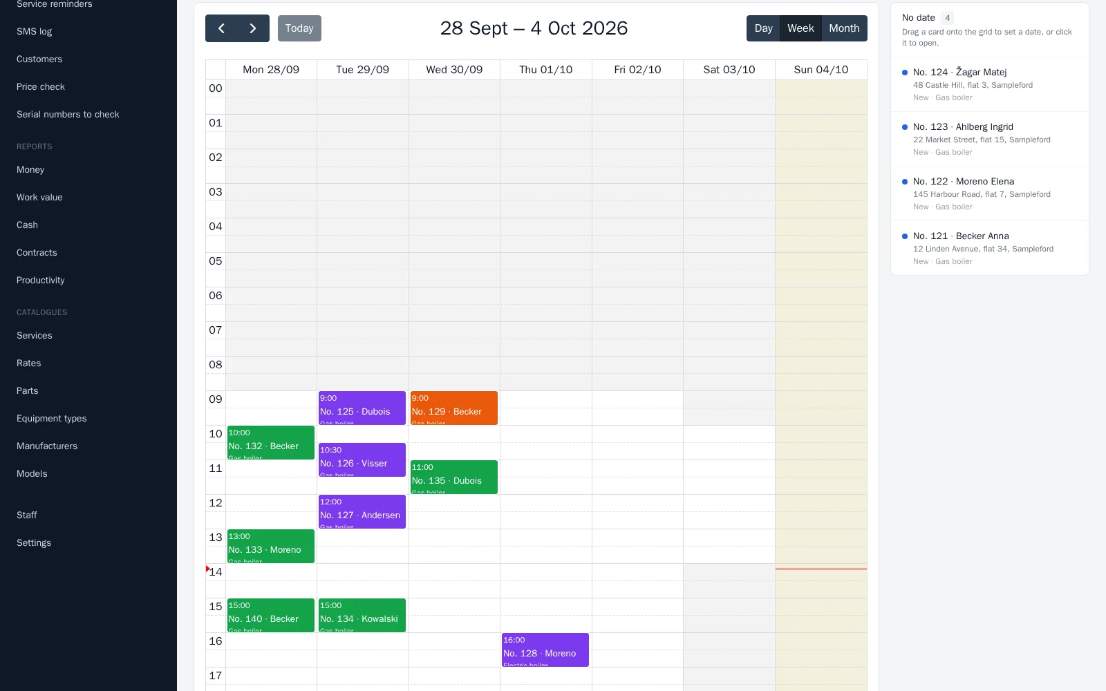 Weekly calendar of engineer visits